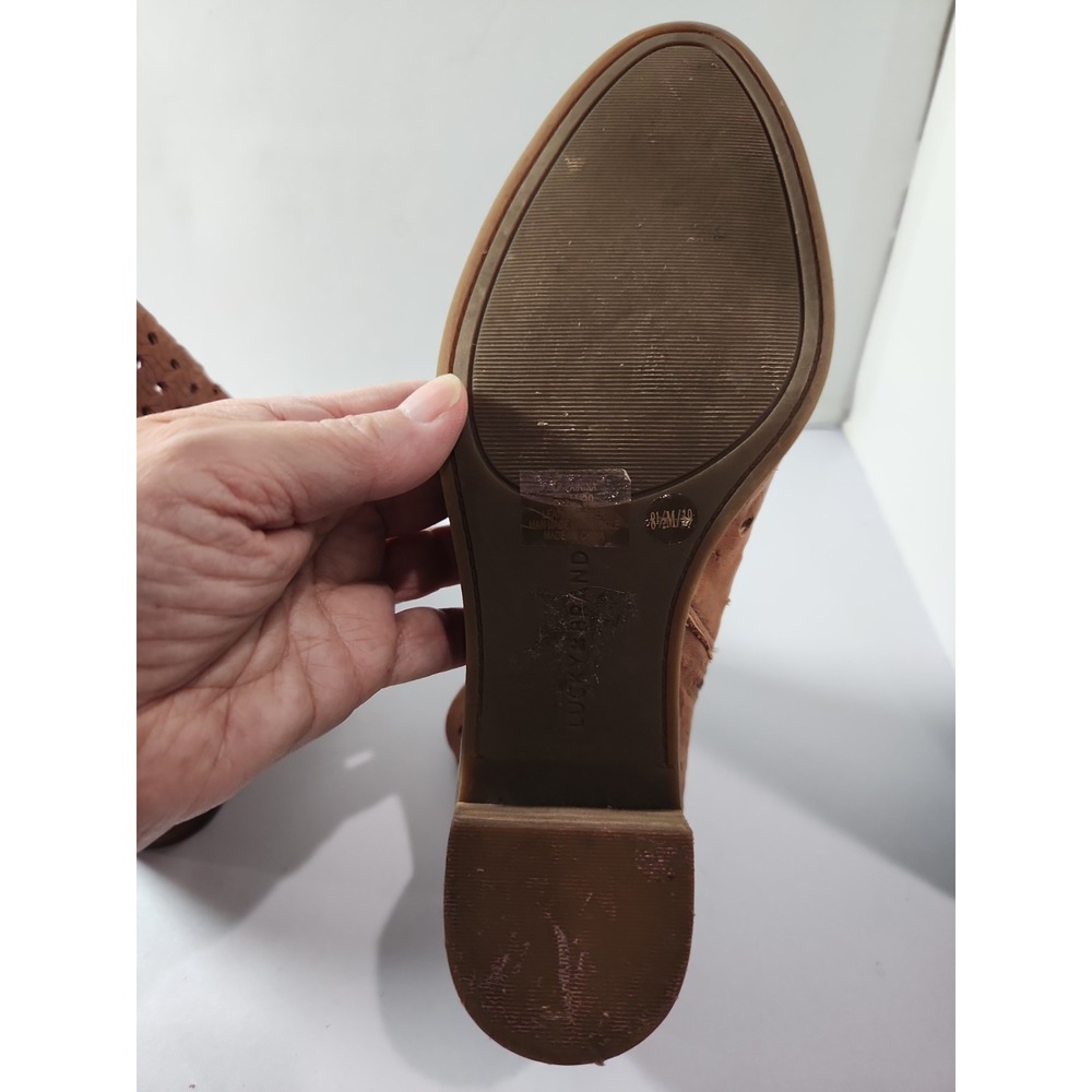 Lucky Brand Painina Tan Leather Perforated Woven Ankle Boots Womens 8.5 M 39 - Picture 7 of 8